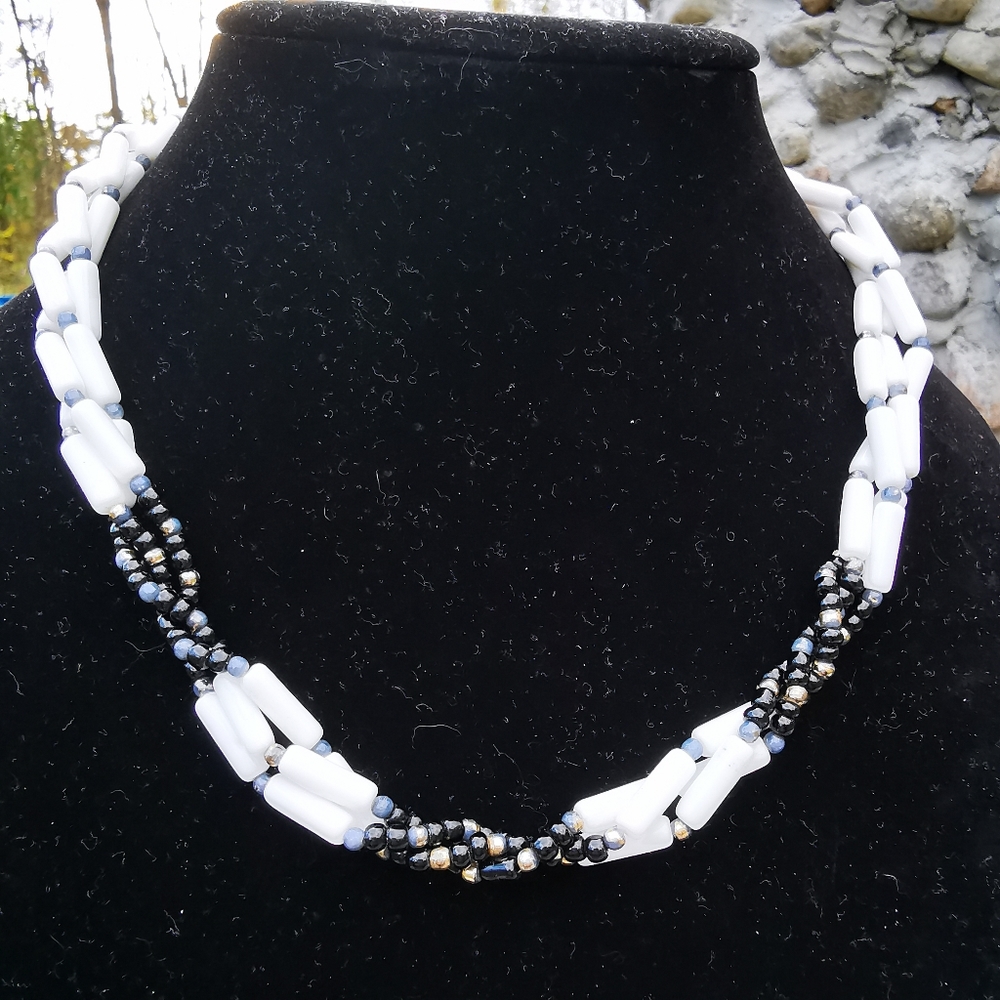 Vintage White Black Purple Blue Multi-strand Beaded Necklace